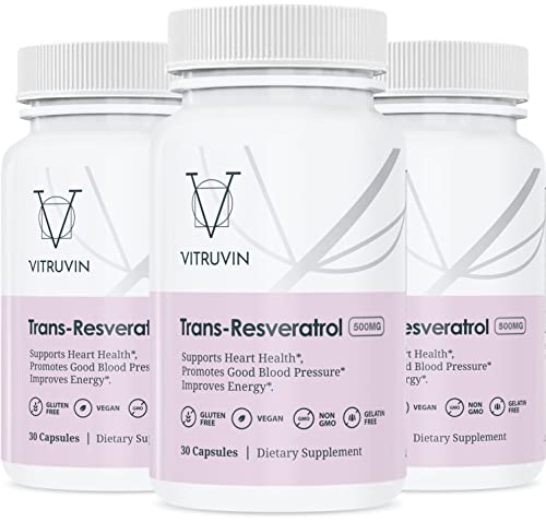 Vitruvin Trans-Resveratrol 500mg, 3 Bottles Pack, Vegan, Non-GMO, Gluten-Free, Gelatin-Free.